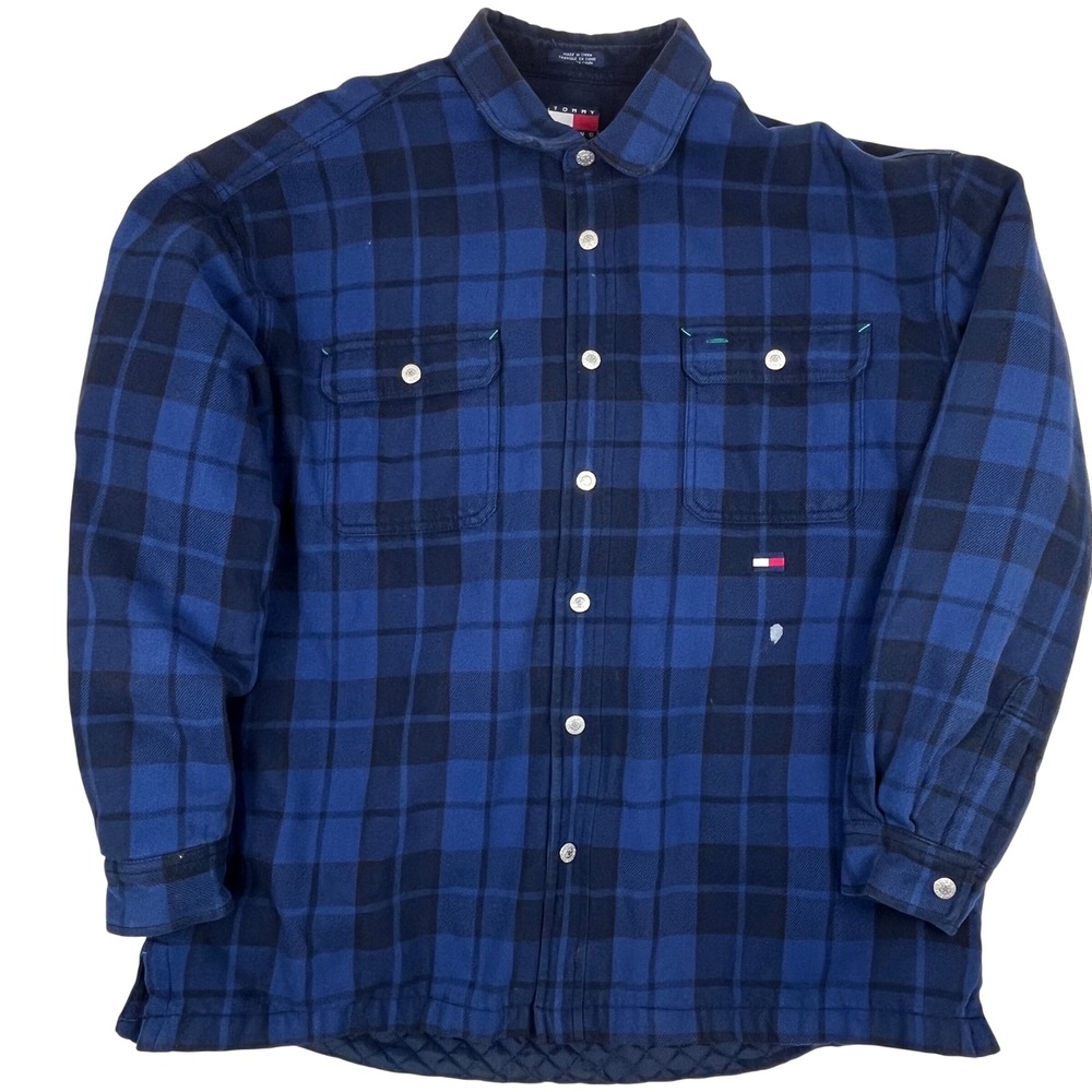 Tommy Jeans XL Blue Plaid Quilted Flannel Work Shirt Jacket Heavyweight Vintage